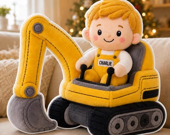 Almohada personalizada con forma de excavadora, almohada de peluche con forma de vehículo de construcción, regalo personalizado con nombre de niño