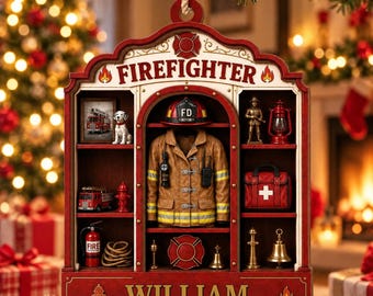 Puede incluir: Un adorno navideño de madera con temática de bomberos que incluye una chaqueta de protección beige, un casco y estantes con un camión de bomberos, un dálmata, una linterna, un botiquín y un extintor. El texto dice FIREFIGHTER y WILLIAM.