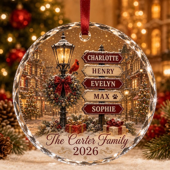 Personalized Family Names Christmas Ornament, Custom Name Signpost Glass Ornament, Family With Pets Ornament, Family Keepsake 2026
