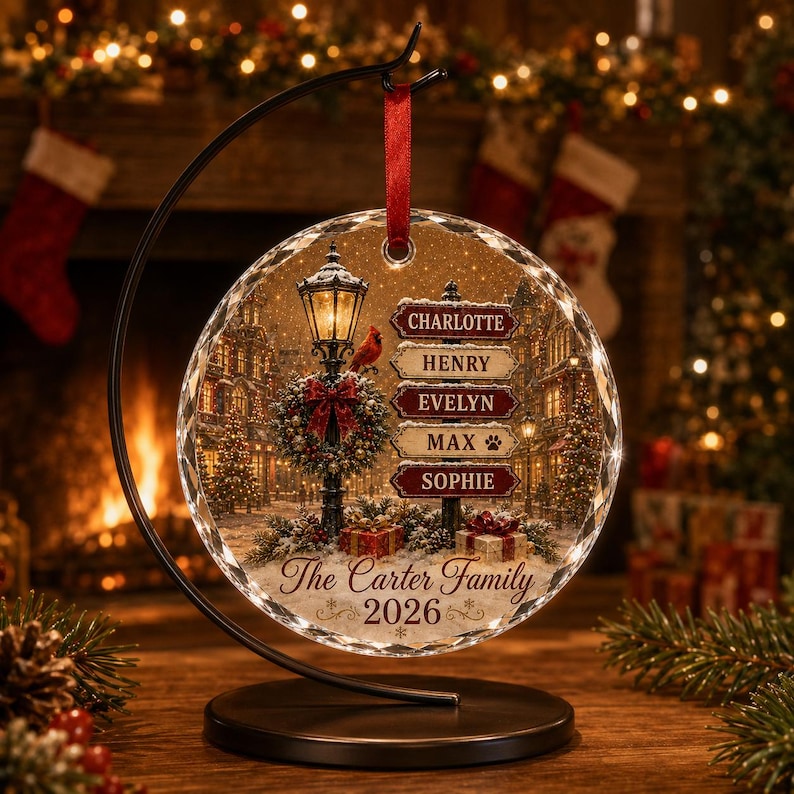 May include: A circular glass ornament hanging from a black metal stand, featuring a winter street scene with a lamppost, a red cardinal, and five stacked signs labeled Charlotte, Henry, Evelyn, Max with a paw print, and Sophie, plus The Carter Family 2026.