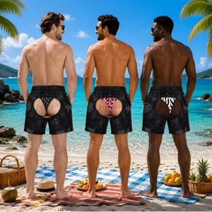 May include: Three pairs of black swim shorts with a circular cutout on the back, revealing patterned underwear underneath. The shorts feature a dark, subtle print and are worn by three individuals standing on a beach with a blue ocean background.