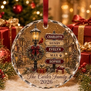 May include: A round, clear glass Christmas ornament featuring a street lamp with a red cardinal and a wreath, a signpost with the names Charlotte, Henry, Evelyn, Max, and Sophie, and the text The Carter Family 2026, suspended by a red ribbon.