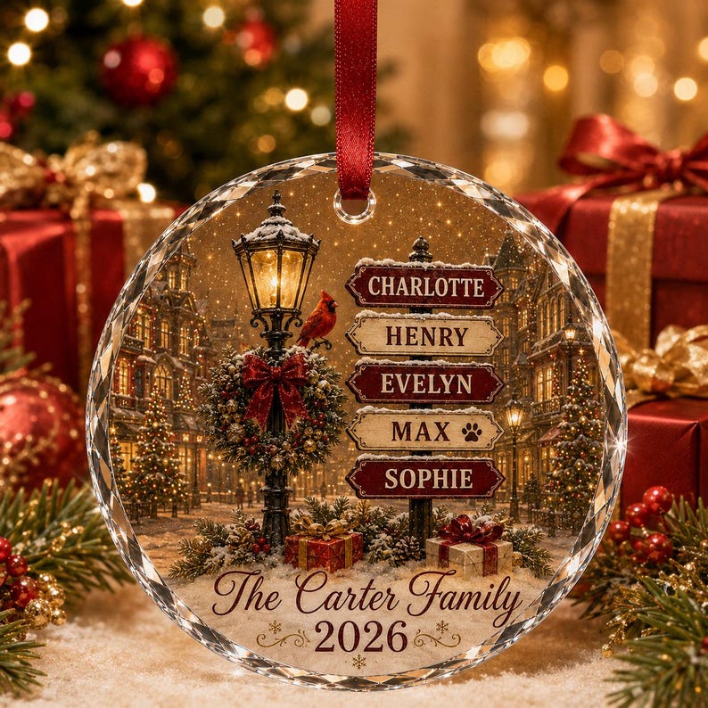 May include: A round, clear glass Christmas ornament featuring a street lamp with a red cardinal and a wreath, a signpost with the names Charlotte, Henry, Evelyn, Max, and Sophie, and the text The Carter Family 2026, suspended by a red ribbon.