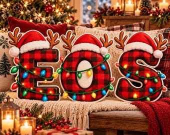 Cojín navideño personalizado con forma de letra, cojín a cuadros con inicial personalizada, decoración navideña de renos y gorros de Papá Noel, regalo de Navidad para niños.