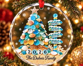 Puede incluir: Un adorno navideño redondo de acrílico transparente con un árbol de playa hecho de vidrio marino azul y verde, conchas y perlas. Junto al árbol hay una señal con los nombres Daniel, Olivia, Lucas y Emma. Dice 2026 y The Dubois Family.