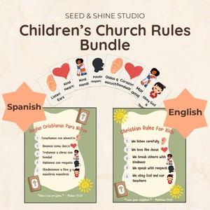 May include: A bundle of Children's Church Rules cards and posters. The cards feature illustrations of hearts, ears, hands, and children. The posters are in English and Spanish, with rules for children.