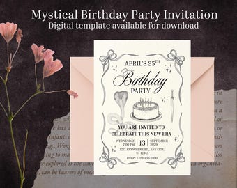 May include: A digital template for a mystical birthday party invitation. The design is black and white, featuring a snake, cake, and sword. The text reads "April's 25th Birthday Party" with event details. The invitation is set against a pink envelope.