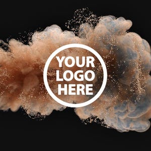 May include: Abstract digital art featuring a swirling cloud of brown and blue particles with gold accents against a black background. A white circle in the center reads "YOUR LOGO HERE".