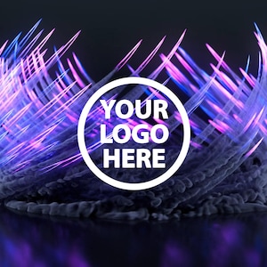 Può includere: Opera d'arte digitale astratta con una forma strutturata e un cerchio bianco centrale con il testo "YOUR LOGO HERE". L'immagine mostra scie di luce viola e blu dinamiche su uno sfondo scuro, creando un'estetica futuristica.