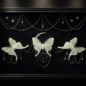 Puede incluir: Una obra de arte enmarcada con tres esculturas de mariposas verde pálido con delicados detalles de cadenas plateadas y cuentas colgantes con forma de cristal. Las mariposas están sobre un fondo negro, con cadenas plateadas y adornos en forma de estrella.