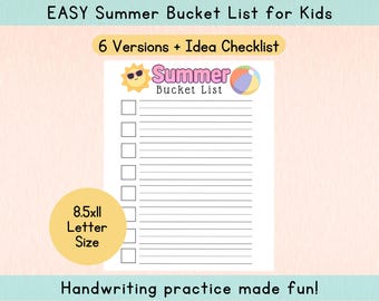 Lista de actividades de verano, imprimible para niños, lista de verificación de verano, práctica de escritura a mano, escritura a mano para niños, hojas de trabajo para jardín de infantes, escritura, diversión