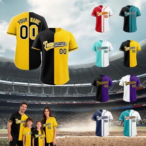 May include: A selection of baseball jerseys in different colour combinations, such as yellow and black, red and white, and teal and black. Each jersey has a team name and the number "00". The jerseys are shown against a stadium backdrop, with a family wearing matching jerseys.