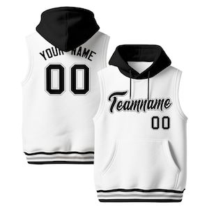 May include: White sleeveless hoodie with a black hood and trim. The front features the text "Teamname" and the number "00". The back has the text "Your Name" and the number "00".