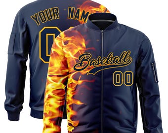 Custom Baseball Bomber Jacket, Personalized Team Name & Number Design Fire Women Men Sports Gift