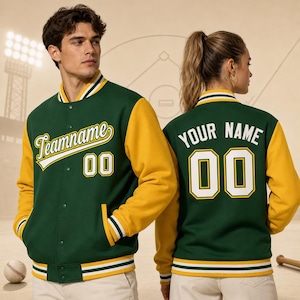May include: A green and yellow varsity jacket featuring a snap-button front, striped ribbed cuffs, and collar. The front displays the text Teamname and the number 00. The back features the text YOUR NAME and the number 00 in white.