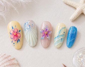 Colorful Floral Beach Press On Nails with 3D Flower Design Glossy Summer Almond Nail Set