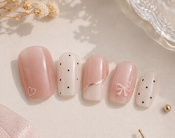 Nude Heart Dots Press On Nails Almond Set Cute Minimal Soft Chic Summer Beach Vacation Gift Trendy Nail Art Design