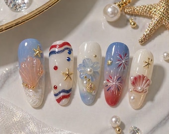 4th of July Press On Nails Firework Shell Star Design, Patriotic Red Blue Ombre Nails, Cute Summer USA Holiday Press On Nails Set