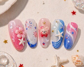 4th of July Press On Nails Cherry Star Firework Design Patriotic Nails Red Blue Cute Summer Reusable Glue On Nail Set