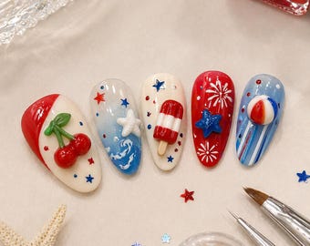 4th of July Press On Nails Cherry Star Firework Design Patriotic Nails Red Blue Cute Summer Reusable Glue On Nail Set