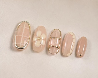 Beige Plaid 3D Flower Press On Nails Almond Shape Cute Elegant Design Glossy Summer Nails Reusable Nail Set Gift for Her