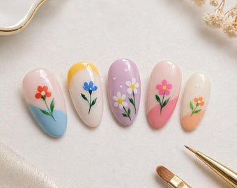 Pastel Floral Cute Mix Press On Nails Almond Shape Floral Design Glossy Summer Nails Reusable Nail Set Gift for Her