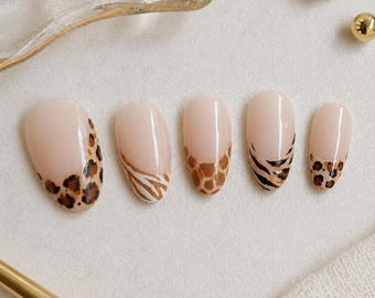 Leopard French Tip Press On Nails Almond Shape Brown Animal Print Design Chic Summer Glossy Reusable Nail Set