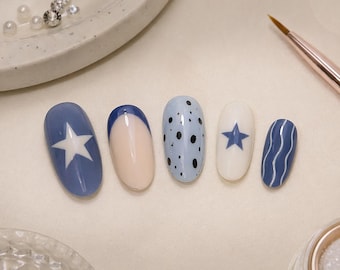 Navy Star Wave Press On Nails Almond Shape Cute Summer Nails Glossy Reusable Nail Set Gift for Her