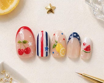4th of July Patriotic Cherry Lemon Stripe Press On Nails Almond Shape Red Blue White Summer Nails Glossy Reusable Nail Set Gift