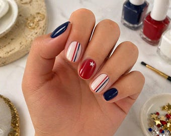4th of July Minimal Stripe Press On Nails Red Blue French Tip Patriotic Summer Nails Handmade Reusable Glue On Set