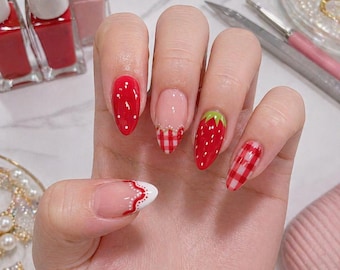 Strawberry Red Press On Nails Plaid Fruit Cute Kawaii Summer Gel Nails Acrylic Reusable Glue On Set