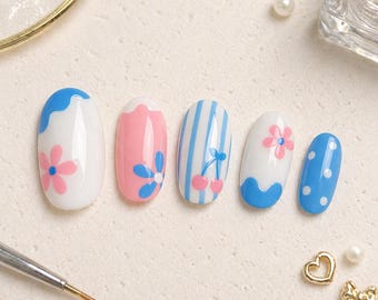 Pastel Flower Wave Press On Nails Almond Set Cute Abstract Soft Summer Beach Vacation Gift Trendy Nail Design