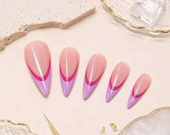 Pink French Tip Press On Nails Almond Shape Glossy Gradient Design Elegant Summer Nails Minimal Chic Reusable Set