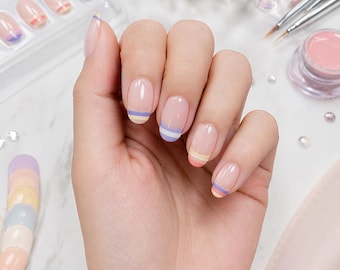 Pastel French Tip Press On Nails Almond Shape Minimalist Clean Girl Design Soft Glossy Reusable Nail Set