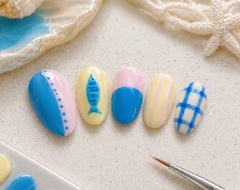 Summer Press On Nails Ocean Fish Shell Design, Cute Beach Gel Nails, Glue On Reusable Acrylic False Nails Set