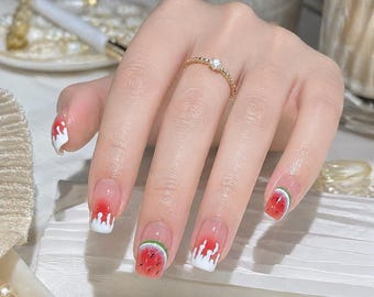 Watermelon French Tip Press On Nails Pink Nude Gradient Cute Fruit Design Glossy Summer Nails Rhinestone Accent Reusable Glue On Set