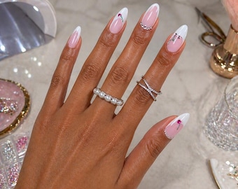 French Tip Press On Nails Heart Star Minimal Design Pink White Short Almond Cute Summer Fake Nails Reusable Glue On Set