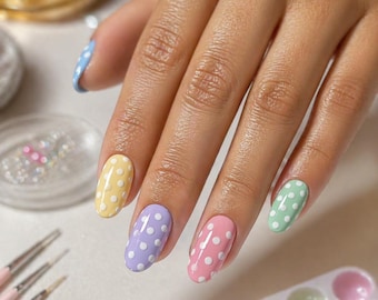 Pastel Polka Dot Press On Nails Almond Shape Cute Summer Nails Glossy Reusable Nail Set Gift for Her