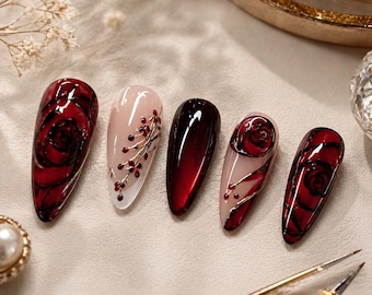 Red Black Marble Press On Nails Swirl Gothic Design Long Almond Trendy Fake Nails Reusable Glue On Acrylic Nail Set