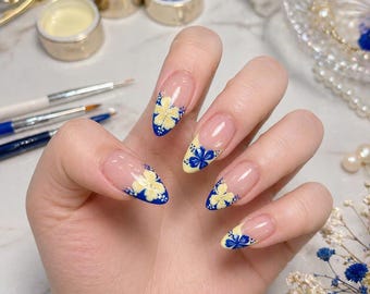Blue Yellow Floral Press On Nails Almond Shape Glue On Nails Flower Design Summer Gel Nails Reusable Fake Nails Set