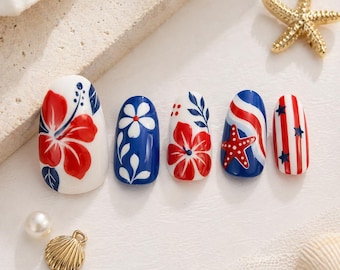 4th of July Floral Star Press On Nails Almond Shape Red Blue Hibiscus Design Patriotic Glossy Reusable Nail Set