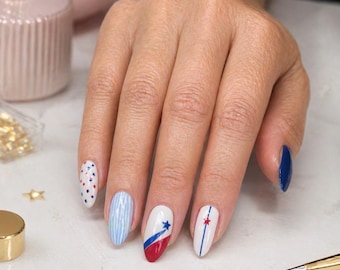 4th of July Press On Nails Almond Fake Nails Reusable Gel Nails Set Red Blue White Star Patriotic USA Summer Nails