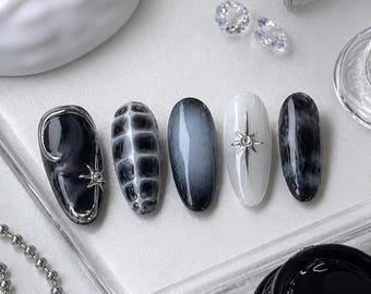 Black Chrome Press On Nails Almond Shape Metallic Nails Glossy Silver Cat Eye Design Trendy Party Vacation Nails Reusable Set