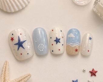 4th of July Patriotic Star Shell Press On Nails Almond Shape Red Blue White Summer Nails Glossy Reusable Nail Set Gift for Her