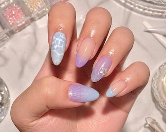 Blue Purple Ombre Press On Nails Almond Shape Glitter Gradient Design Trendy Summer Glossy Reusable Nail Set