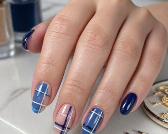 Blue Plaid Press On Nails Almond Shape Glue On Nails Grid Pattern Summer Gel Nails Reusable Fake Nails Set
