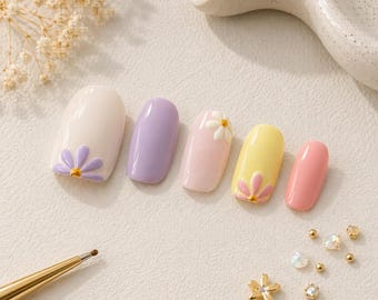 Pastel Lavender Pink Yellow Floral Press On Nails Almond Shape Cute Summer Nails Glossy Reusable Nail Set Gift for Her