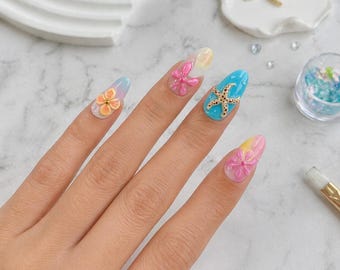 Orange Blue Butterfly Press On Nails Almond Set Cute Floral Summer Bright Beach Vacation Gift Trendy Nail Design