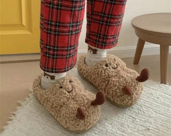 Chaussons En Peluche Pour Femmes - Motif Croissant Mignon - Antidérapants Chauds Pour L’hiver, Intérieur Et Extérieur
