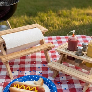 Pode incluir: Suporte para toalhas de papel em forma de mesa de piquenique de madeira com um rolo de toalhas de papel brancas. Uma mesa de piquenique menor contém ketchup, mostarda e saleiros e pimenteiros. A cena é montada em um cobertor de piquenique xadrez vermelho e branco.